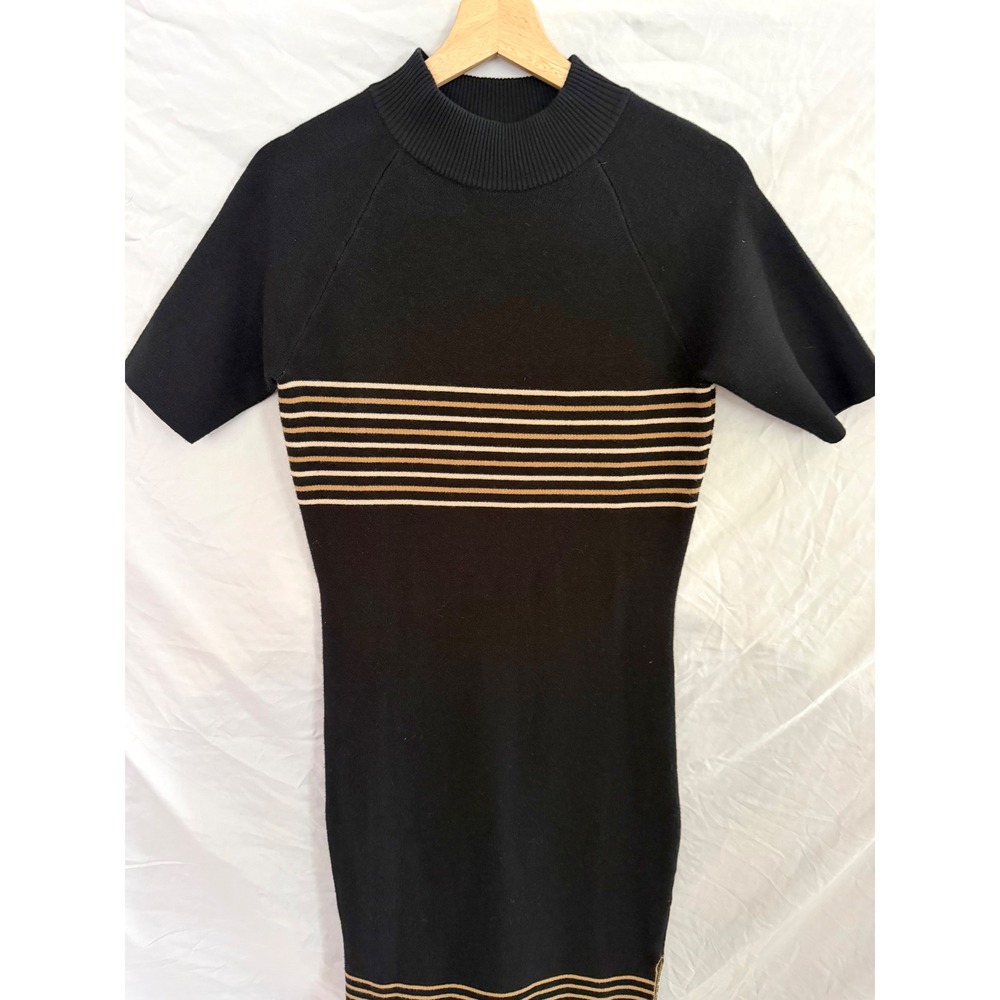 Monrow Knit Midi Dress Womens Black Tan Striped Mock Neck Short Sleeve Small - Picture 3 of 9